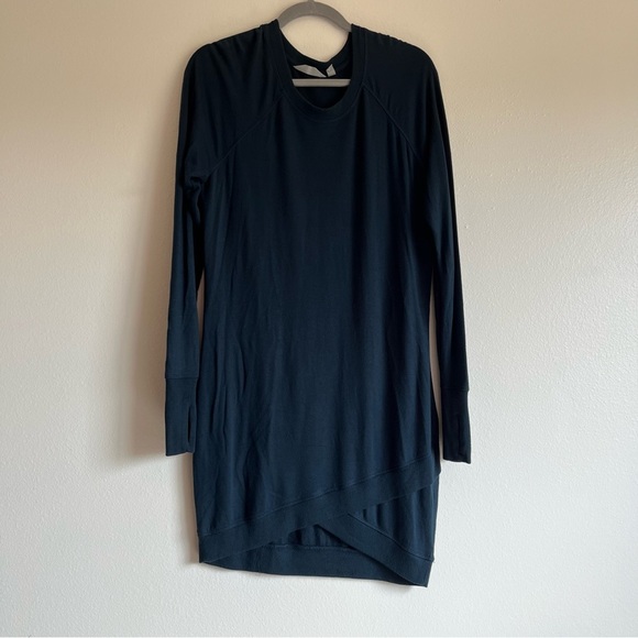 Athleta Criss Cross Sweatshirt Dress in Navy w/ Long Sleeves & Thumb holes, Sm - Picture 5 of 11